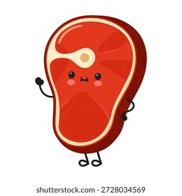 Liebenswert Cartoon rohen Rindfleisch Steak Charakter Gruß und winkte eine Hand, mit einem lächelnden Gesicht und errötenden Wangen, bringt eine lustige Persönlichkeit zu Food-Konzepte
