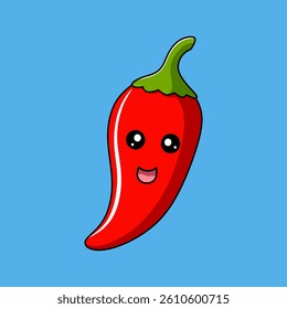 Adorable cartoon red chili pepper with a happy face stands out against a solid blue backdrop, perfect for food-related designs.