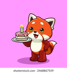 Adorable Cartoon Red Panda with Birthday Cake Cute Celebration Illustration