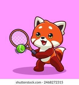 Adorable Panda Rojo De Dibujos Animados Jugando Tenis Lindo Deporte Personaje Ilustración