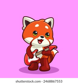 Adorable Cartoon Red Panda Playing Guitar Cute Musical Character Illustration