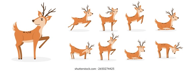 Criança de rena de desenho animado adorável com sorriso feliz isolado vetor animal rosto bebê criança vida selvagem parque natural plano alegre divertido desenho gráfico personagem Ásia fundo temporada ilustração ao ar livre
