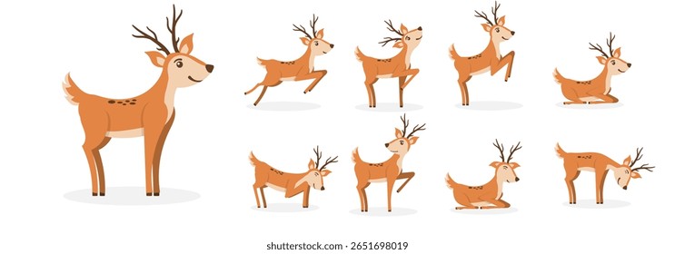 Criança de rena de desenho animado adorável com sorriso feliz isolado vetor animal rosto bebê criança vida selvagem parque natural plano alegre divertido desenho gráfico personagem Ásia fundo temporada ilustração ao ar livre
