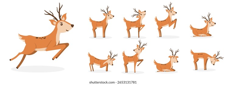Criança de rena de desenho animado adorável com sorriso feliz isolado vetor animal rosto bebê criança vida selvagem parque natural plano alegre divertido desenho gráfico personagem Ásia fundo temporada ilustração ao ar livre