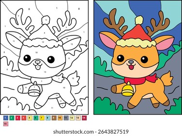Rena de desenho animado adorável com chapéu de Papai Noel e sino, caminhando em paisagem nevada. Inclui página colorida com números para atividade de cor por número e versão colorida, perfeito para crianças livros de Natal.