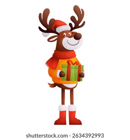 Adorável rena de desenho animado vestindo um chapéu de Papai Noel e cachecol, segurando uma caixa de presente verde amarrada com uma fita vermelha. Ele incorpora a alegria da época de Natal.