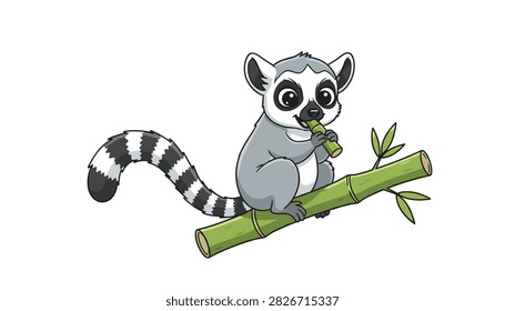 Adorable cartoon ring tailed lemur sitting on a fresh green bamboo branch, happily chewing on a bamboo leaf in a cute pose.