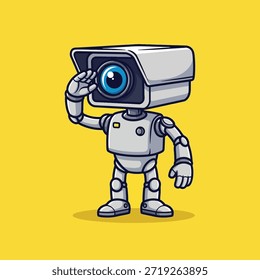 Personagem adorável robô de desenho animado com uma cabeça de câmera de segurança, de pé em uma pose de saudação. Corpo cinza, lente azul, conceito de vigilância.
