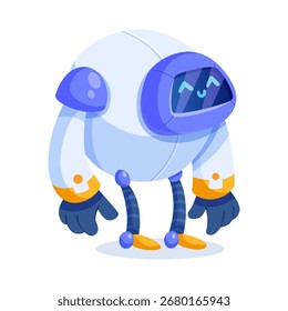 Adorable cartoon robot with a smiling face on a screen, blue helmet, striped legs, and gloves on a white background. Vector illustration
