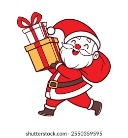 Adorable cartoon Santa Claus with a red gift bag. Perfect for Christmas cards, festive designs, and holiday decor. A joyful holiday-themed illustration.