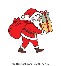 Adorable cartoon Santa Claus with a red gift bag. Perfect for Christmas cards, festive designs, and holiday decor. A joyful holiday-themed illustration.