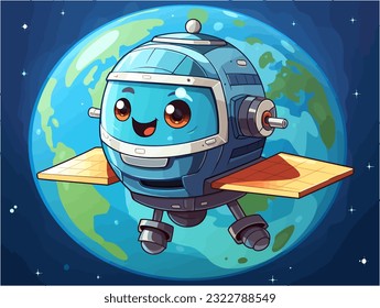 An adorable cartoon satellite orbiting Earth