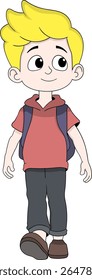 Adorável menino de desenho animado com cabelo loiro brilhante andando casualmente