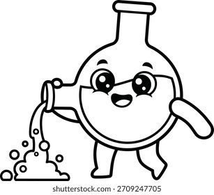 Adorable personaje de la ciencia de dibujos animados que vierte líquido burbujeante. Simple Vector de arte de línea en blanco y negro, perfecto para los niños para colorear páginas, la educación y los imprimibles.
