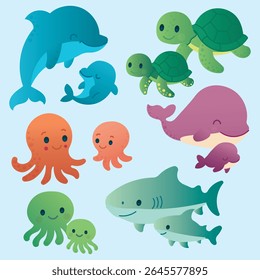 Adorável coleção de animais marinhos desenhos animados.
