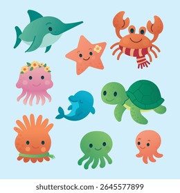 Adorável coleção de animais marinhos desenhos animados.