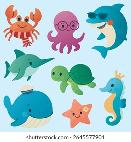 Adorável coleção de animais marinhos desenhos animados.