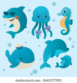 Adorable cartoon sea animals collection.