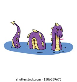 Adorable Cartoon Sea Monster Clip Art. Wild Mythical Animal Icon. Hand Drawn Legendary Beast from Lake Mythology Motif Illustration Doodle in Flat Color. Isolated Loch Ness. Vector EPS 10. 