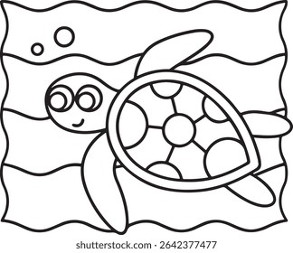 Adorable cartoon sea turtle swimming underwater, outlined in black and white, perfect for coloring pages, children's books, or educational materials.