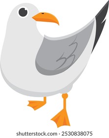 Adorable gaviota de dibujos animados de pie en una pierna con las alas dobladas y el pico abierto, en colores blanco, gris y naranja sobre un fondo simple. Personaje aviar feliz y amigable perfecto para proyectos