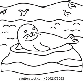 Adorable cartoon seal resting on an ice floe, surrounded by calm ocean waves and flying birds.  Perfect for children's books, coloring pages, or educational materials.
