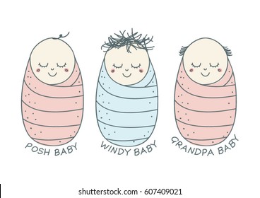 Adorable cartoon set of three newborn babies with different hairstyles