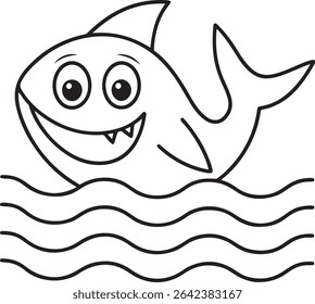 Adorable cartoon shark smiling happily in the ocean waves.  Perfect for children's books, coloring pages, or educational materials.