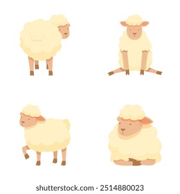 Adorable colección de ovejas de dibujos animados con lindos animales de granja e ilustraciones de personajes juguetones en Diseño gráfico de Vector para obras de arte infantiles, agricultura y acogedoras escenas de agricultura