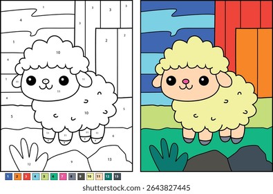 Adorável Cartoon Sheep Color By Number Página de atividade com lã fofa grossa e versão colorida concluída, divertido jogo educacional para crianças que aprendem números e cores