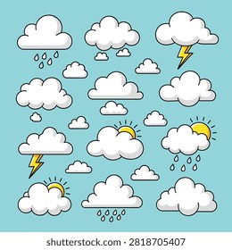 Adorable cartoon sheep floating in fluffy white clouds with yellow lambs playing around them