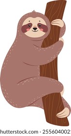 Adorable cartoon sloth clinging to a tree branch, enjoying its peaceful moment in nature, perfect for children s books, illustrations, and nature themed projects