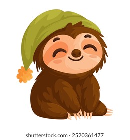 Adorable cartoon sloth with a green hat, sitting and smiling, conveying a happy and relaxed mood in a cute style.