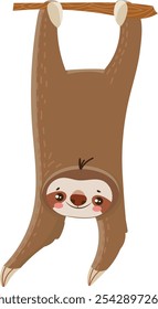 Adorable cartoon sloth hanging upside down from a tree branch, smiling happily, enjoying its relaxed lifestyle in the rainforest