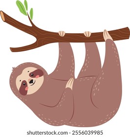 Adorable cartoon sloth hanging upside down from a tree branch, enjoying a peaceful life in the rainforest, ideal for children s books and charming wildlife projects