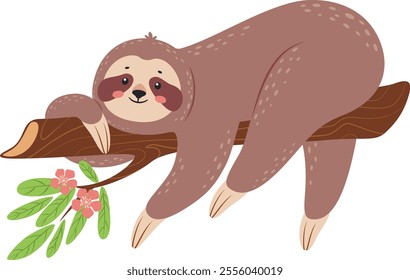 Adorable cartoon sloth hanging upside down on a tree branch adorned with pink flowers and green leaves, embodying a peaceful existence in the rainforest