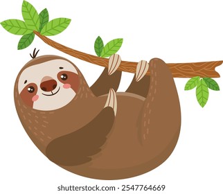 Adorable cartoon sloth hangs upside down from a tree branch in the rainforest, smiling happily among green leaves and brown branches. Perfect for childrens education and playful imagination