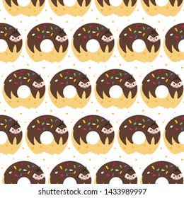 Adorable cartoon sloth on donut. Seamless pattern
