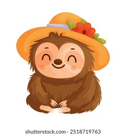 Adorable cartoon sloth smiling while wearing a yellow hat with a red flower, perfect for childrens designs or prints.
