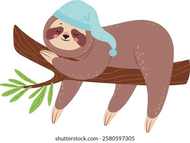 Adorable cartoon sloth wearing a nightcap, peacefully sleeping on a tree branch, evoking tranquility and restfulness, ideal for children s books or sleep related products