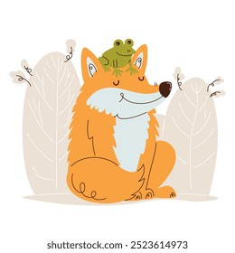 Adorable cartoon of a smiling fox with a frog sitting on its head, set against simple background with abstract plants.