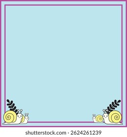 Adorable cartoon snail-themed border frame with pastel blue background and purple outline. Features cute smiling snails and leafy decorations in the bottom corners, perfect for kids’ invitations