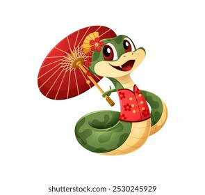 Adorable cartoon snake character wearing traditional Chinese attire and holding bright red parasol. Celebratory and cheerful vector reptile zodiac symbol of the Chinese New Year, and cultural heritage