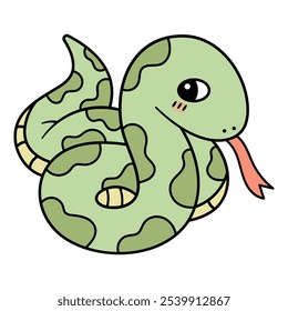 Adorable Cartoon Snake Vector. This illustration features a cute, light green snake with a playful, friendly expression. The snake has large, round eyes with a slight blush on its cheek.