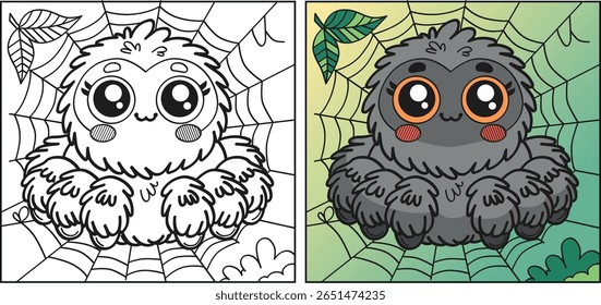 Adorable cartoon spider sitting on a web. Perfect for kids' coloring books, educational materials, and Halloween themes. Black and white outline, high-resolution vector.