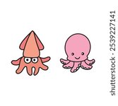 Adorable cartoon squid and octopus illustration on a plain white background.