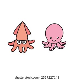 Adorable ilustración de calamar y pulpo de dibujos animados sobre un fondo blanco liso.