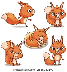 Adorable cartoon squirrel expressions are perfect for use in animations, various designs, and childrens media projects