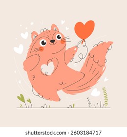 Adorable cartoon squirrel with a fluffy tail holding a heart-shaped balloon, surrounded by floating hearts. Perfect for love, joy, and Valentine's Day themes. Cute Squirrel Holding a Heart Balloon