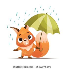 An adorable cartoon squirrel joyfully holding a bright green umbrella while playfully enjoying the rainy weather